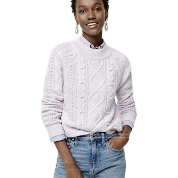 J. Crew Sweaters - J. Crew Cable Knit Pom Pom Women's Lilac Azra Knit Lambswool Fisherman Sweater L